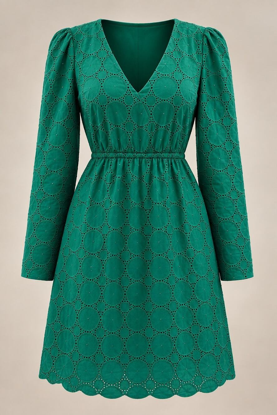 J.Crew Green Eyelet Lace V-Neck Dress Long Sleeve Scalloped Size 14 Warm Jade